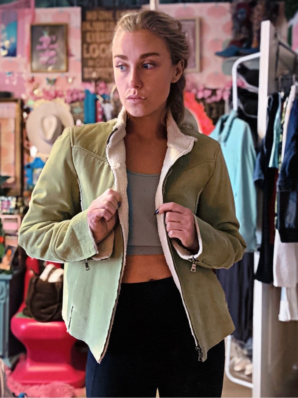 Women's Olive Green Sherpa-Trim Genuine Suede Leather Jacket